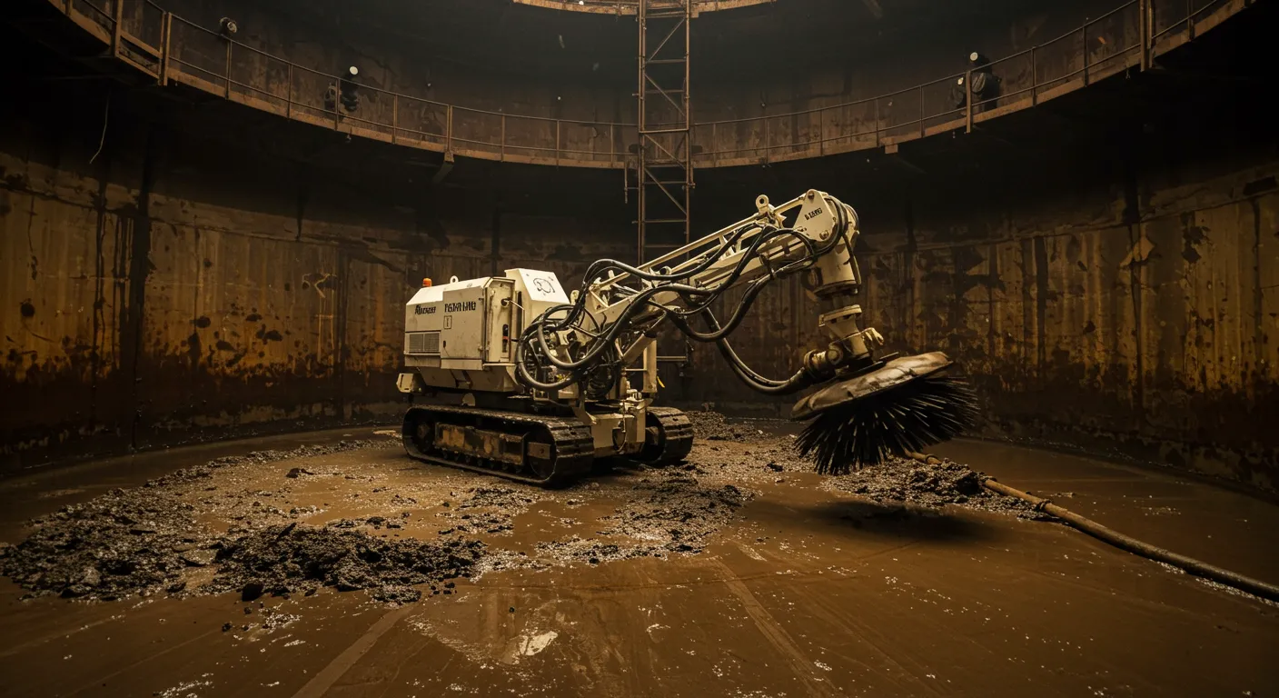 Industrial cleaning robot operating in a grimy wastewater treatment tank.