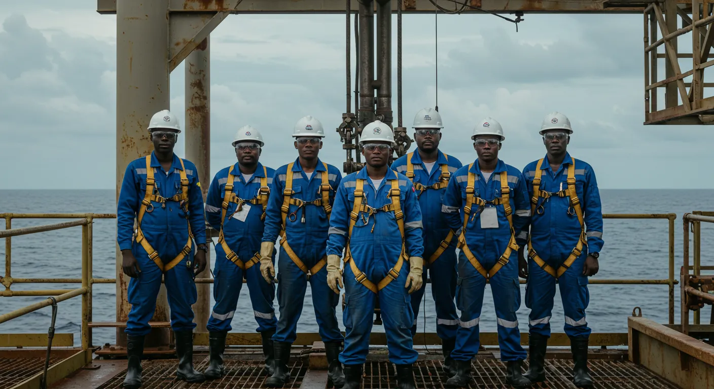 Offshore oil rig team in safety gear standing on a platform with ocean backdrop.