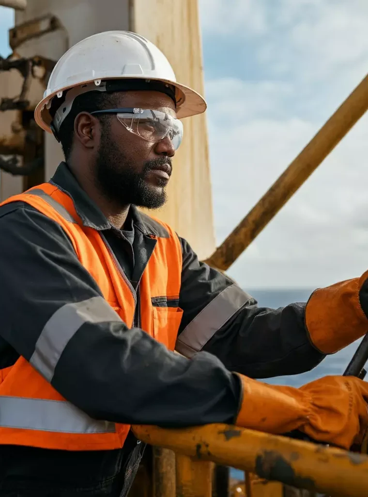 Offshore drilling worker in safety gear operating equipment with ocean and industrial background.